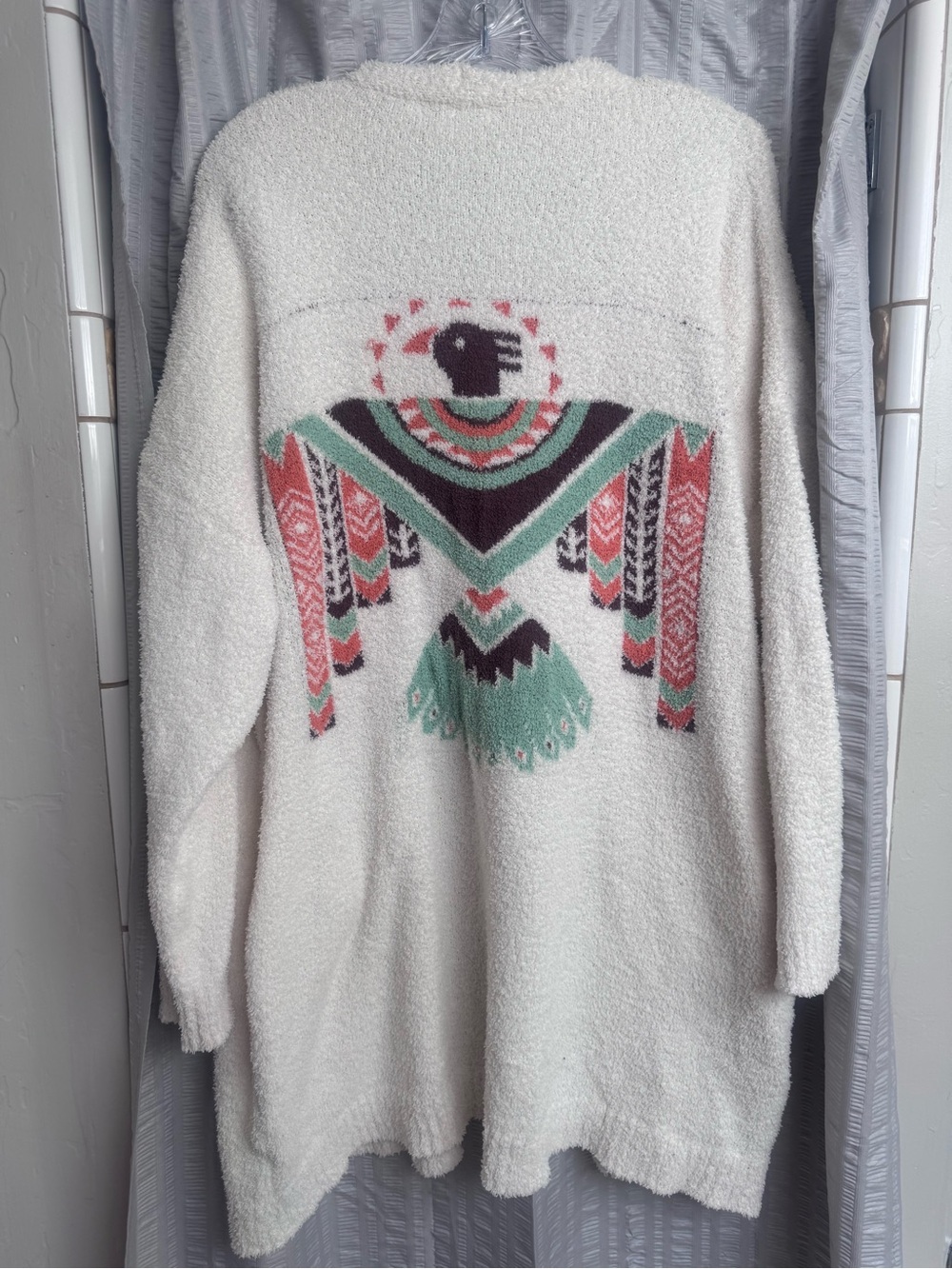 Blakeley OS Cream Chenille Fuzzy Oversized Cardigan Southwestern Bird Boho - Picture 4 of 5